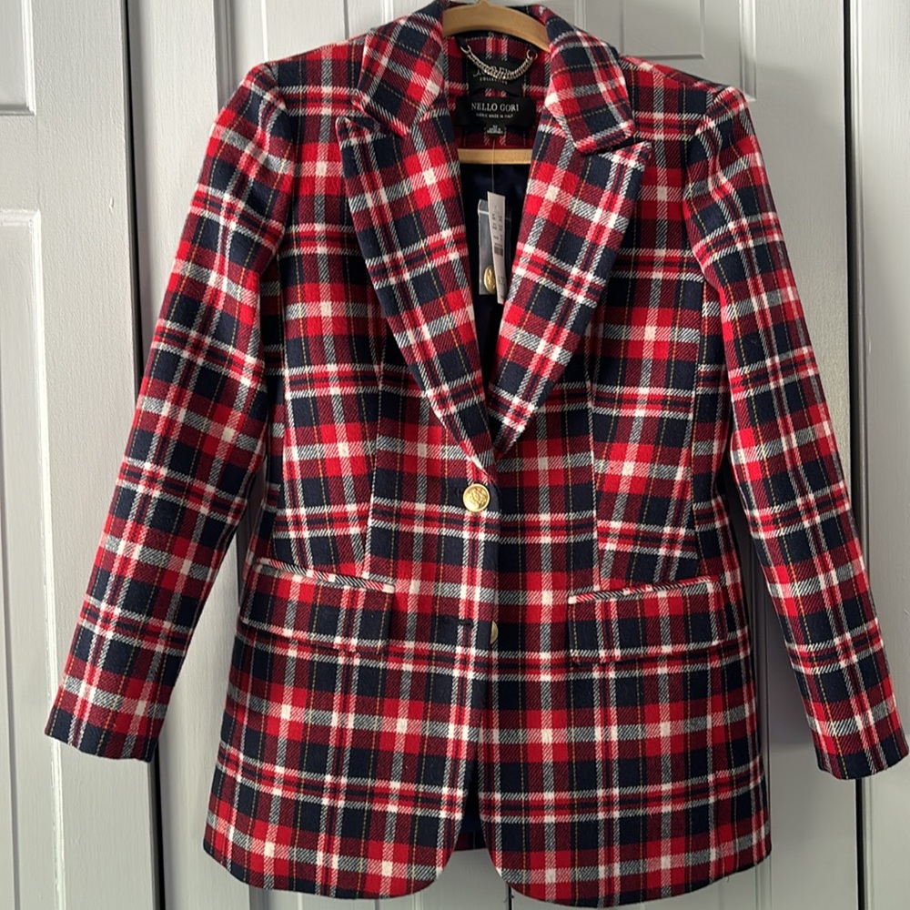 NWT J. Crew Nello Gori red and navy plaid blazer size 00.
